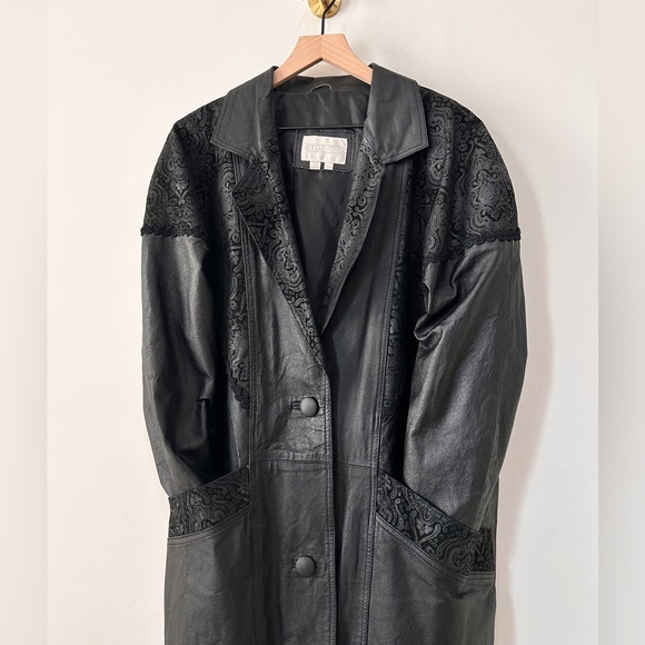Vintage Black Contrasting Paisley Leather Panels Trench Jacket By: Studio C Sz L - Picture 7 of 12
